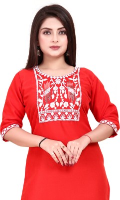 JENSI FASHION Women Embroidered A-line Kurta(Red)