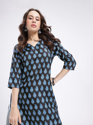 Anouk Rustic Women Floral Print Straight Kurta(Black, Blue)