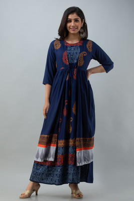 fashionmk Women Printed Ethnic Dress Kurta(Dark Blue)