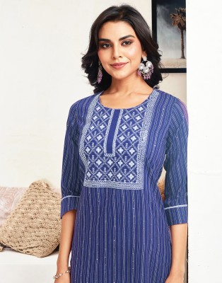 Divastri Women Embroidered, Striped Straight Kurta(Blue)