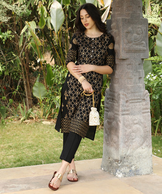 QISSA Women Printed A-line Kurta(Black)