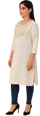 melovein Women Embroidered Straight Kurta(Beige)