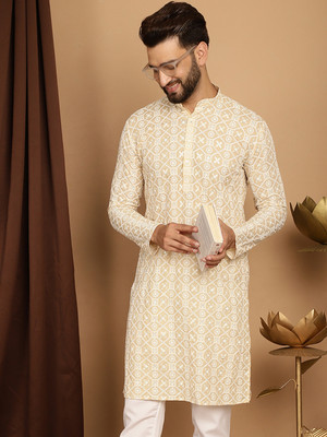 SOJANYA Men Embroidered Straight Kurta(Beige)