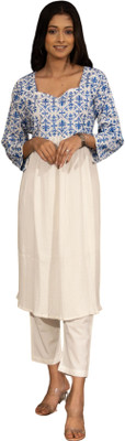 Gailee Women Chikan Embroidery A-line Kurta(White)