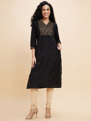 Globus Women Embroidered Straight Kurta(Black)