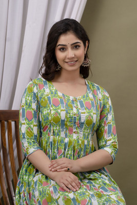 Viyu Creations Women Floral Print Anarkali Kurta(Green)