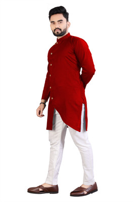 Looksky Men Solid Asymmetric Kurta(Red)