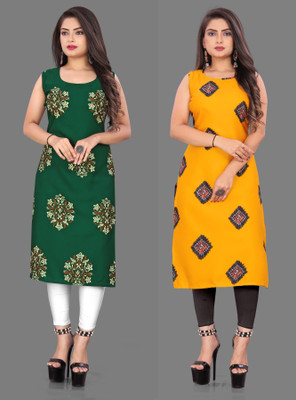 maruti fab Women Printed Straight Kurta(Green, Yellow)
