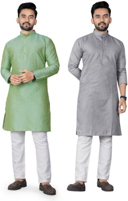 DHASU TRENDZ Men Self Design, Solid Straight Kurta(Green, Grey)