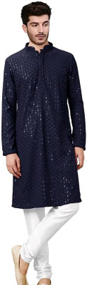 StyleVault Men Chikan Embroidery A-line Kurta(Dark Blue)