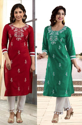 SISTO Women Chikan Embroidery Straight Kurta(Multicolor)