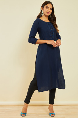 soch Women Embroidered Straight Kurta(Dark Blue)