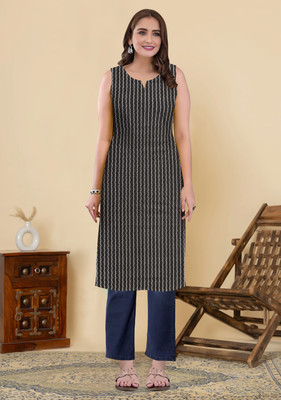 MT TEXTILE Women Striped Straight Kurta(Black)