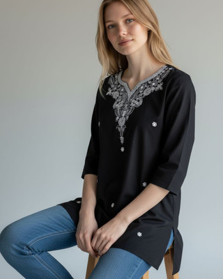 Lasafiya Women Embroidered A-line Kurta(Black)