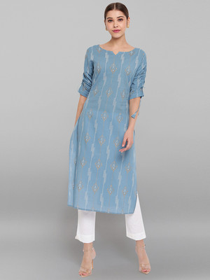 Janasya Women Printed Straight Kurta(Light Blue)