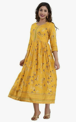 AWSW Women Printed Anarkali Kurta(Yellow)