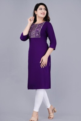 SAJANHUB Women Embroidered Straight Kurta(Purple)