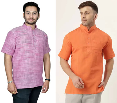 isdfabric Men Self Design Straight Kurta(Black, Orange)