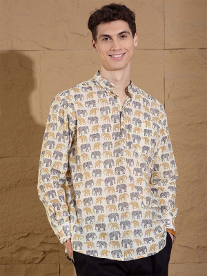 DIMMY Men Printed A-line Kurta(Beige)