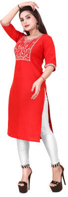RIDDHI COLLECTION MALL Women Embroidered Straight Kurta(Red)