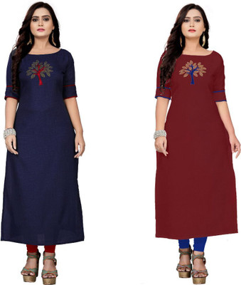 Retrox Women Patchwork Straight Kurta(Dark Blue, Maroon)