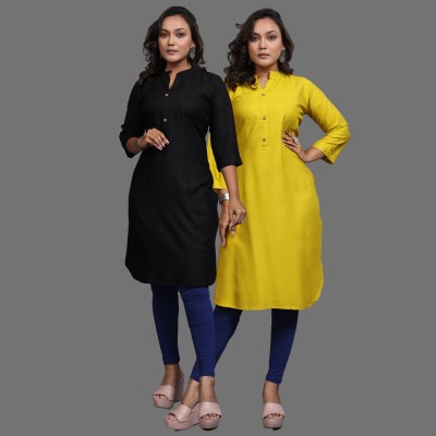 Pipal Women Solid Straight Kurta(Black, Yellow)