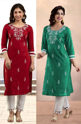 HouseOfCommon Women Chikan Embroidery Straight Kurta(Multicolor)
