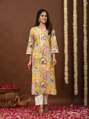 WGC Women Floral Print A-line Kurta(Yellow)