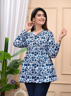 Gundia Fashion Women Floral Print Flared Kurta(White, Blue)