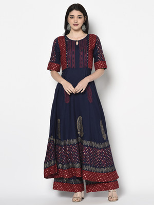 Aniyah Women Block Print Anarkali Kurta(Dark Blue)