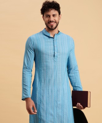 cozena Men Woven Design Straight Kurta(Light Blue, White)