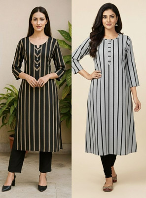 Bhangar Textiles Women Striped A-line Kurta(Black, Grey)