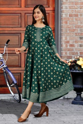 BRAHMASTRA Women Printed Anarkali Kurta(Green)