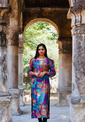 bindudi Women Printed A-line Kurta(Blue)