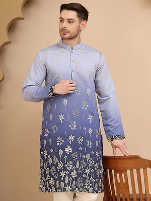 Jompers Men Floral Print Straight Kurta(Blue)