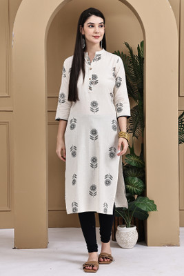 VihaanExim Women Printed Straight Kurta(Beige)