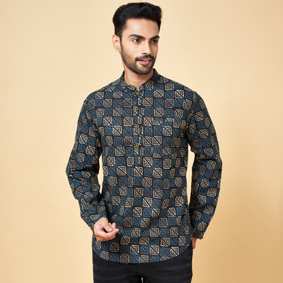Indus Route by Pantaloons Men Printed Straight Kurta(Black, Blue, Beige)