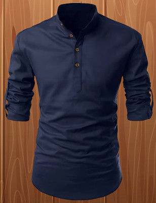 OMKAR EN TRENDS Men Printed Straight Kurta(Blue)