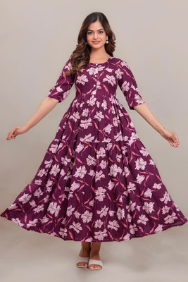 Palakaya Women Floral Print Anarkali Kurta(Purple)