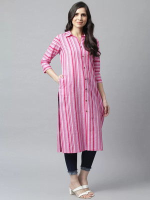 Dizon Women Striped Straight Kurta(Pink)
