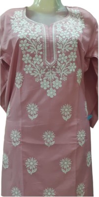 AdeebaFashion Women Chikan Embroidery A-line Kurta(Pink)