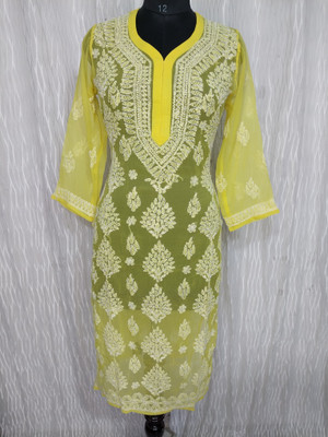 The Chikankari Story Women Chikan Embroidery Straight Kurta(Yellow)