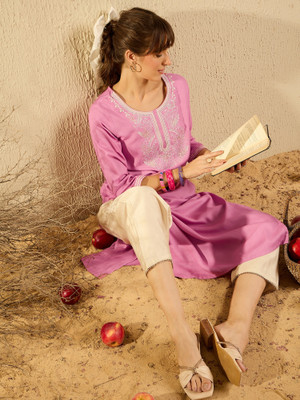 Indo Era Women Embroidered Straight Kurta(Pink)