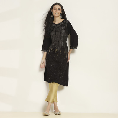 RANGRITI Women Embellished Straight Kurta(Black)