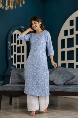 Nayo Women Printed Straight Kurta(Blue)