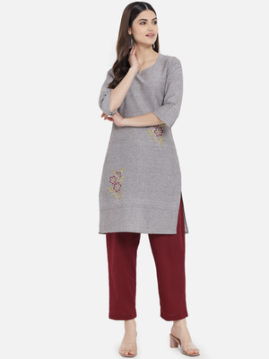 PPAPITA Women Embroidered Straight Kurta(Grey)