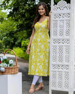 PARTHVI Women Printed Straight Kurta(Yellow)