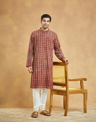 Fabindia Men Printed Straight Kurta(Maroon)