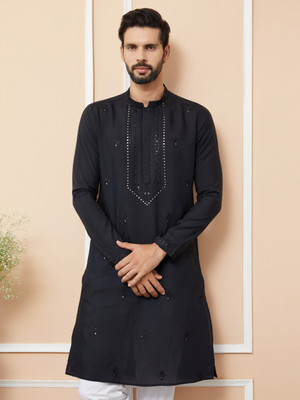 See Designs Men Embroidered Straight Kurta(Black)