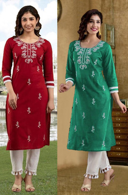 vikshi Women Embroidered Straight Kurta(Multicolor)